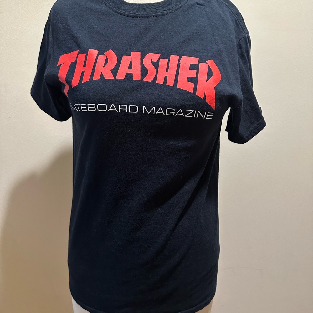 Thrasher Navy Tee with Vibrant Red Print
